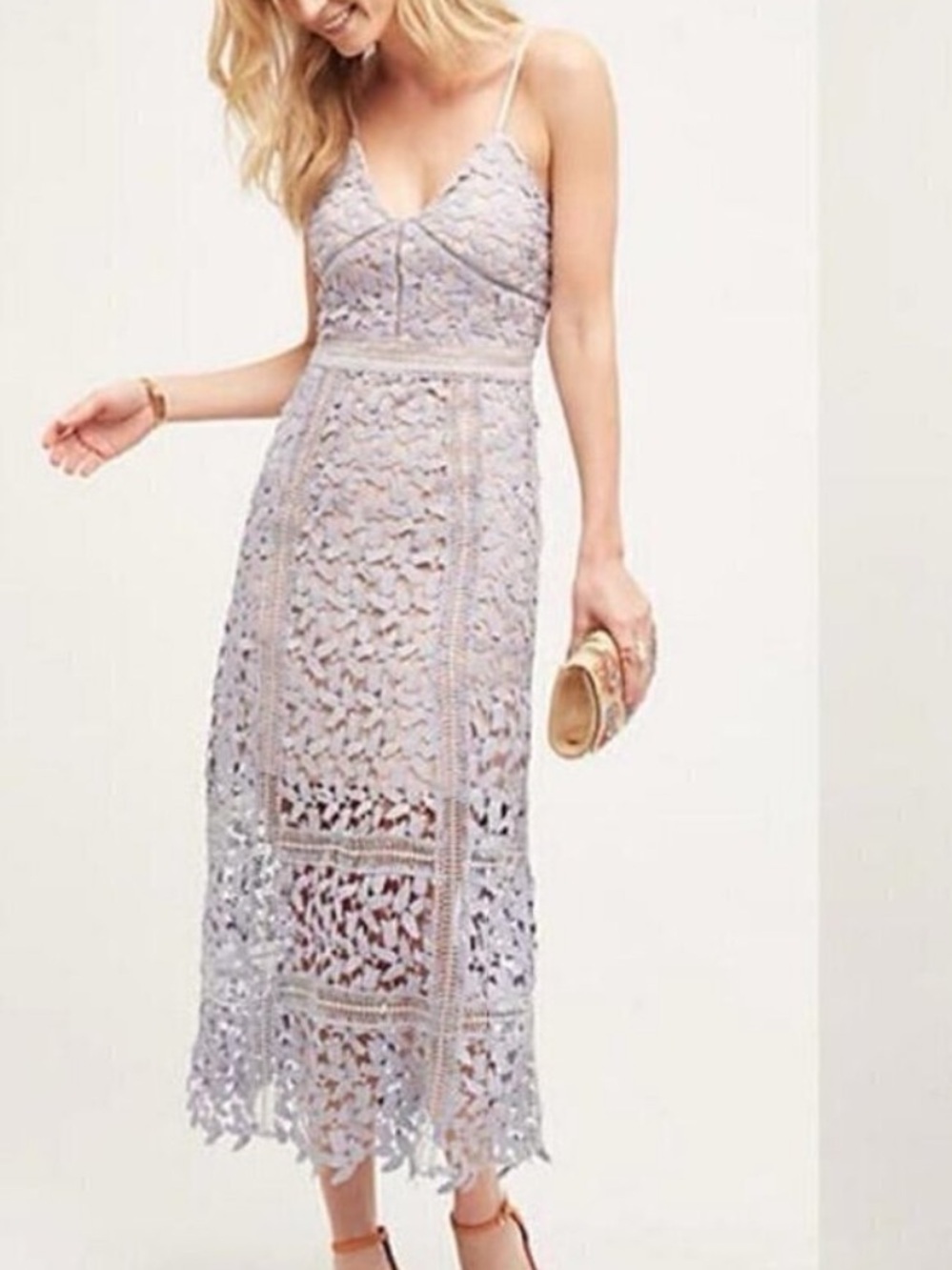 ELLIATT ANTHROPOLOGIE NUDE LILAC TINGLE LACE MIDI DRESS SIZE LARGE